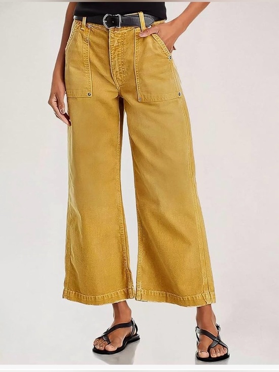 Flamingals Pants - Flamingals Wide Leg Flap Pocket Mid Waist Cropped Pants Yellow